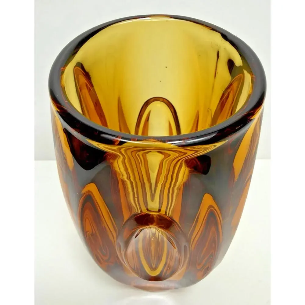SKLO Vase Amber Yellow Glass Bullet Lens 8"H Czech 60s Mid Mod MCM Hand Blown - Picture 6 of 15